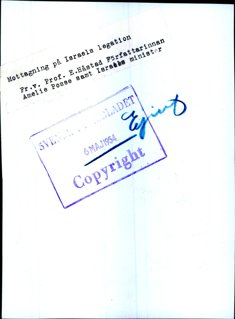 Reception at the Israeli legation. Fr. v. Prof. E. HÃ¥stad, writer Amelie Posse and the Israeli Minister - Vintage Photograph