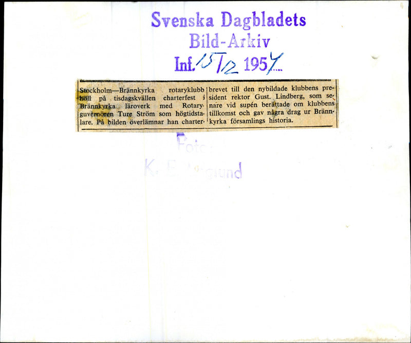 Signature Power submits charter of Gustaf Lindberg of Stockholm-Brännkyrka Rotary club's charter night. - Vintage Photograph