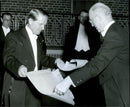 Signature Power submits charter of Gustaf Lindberg of Stockholm-Brännkyrka Rotary club's charter night. - Vintage Photograph