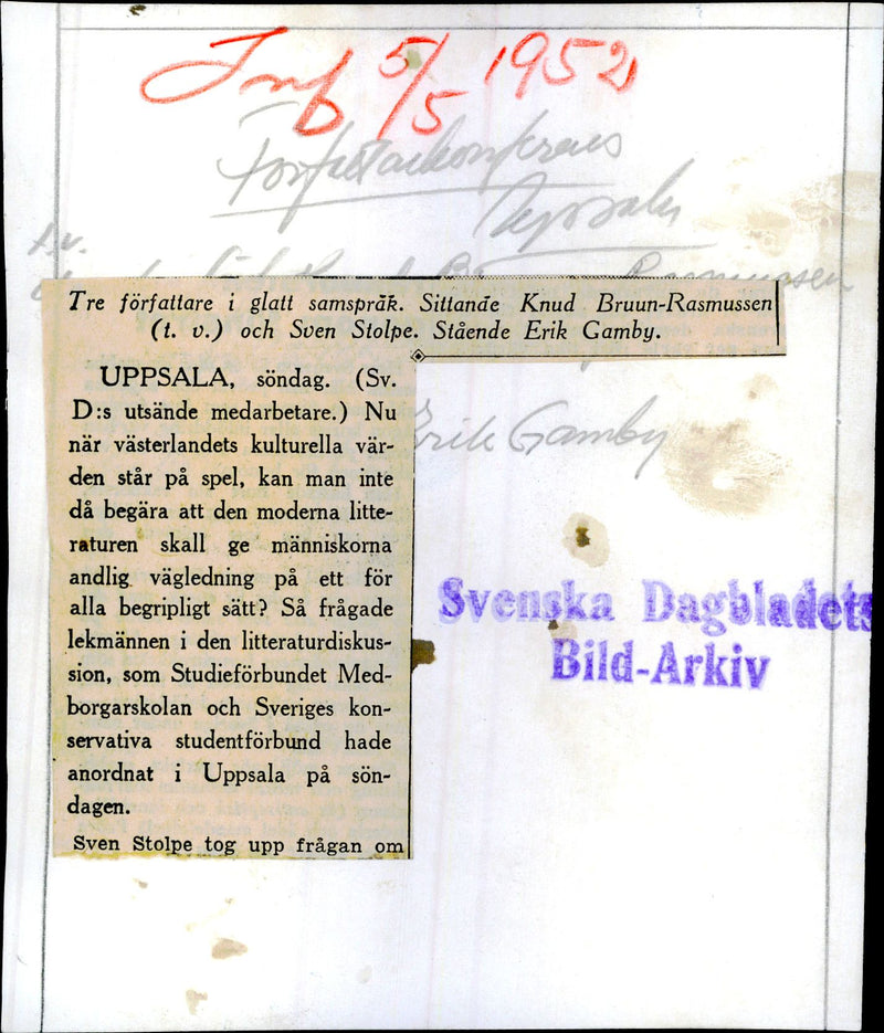 Writers Conference. Three of the participants in Literature Discussion: Knud Bruun-Rasmussen, Erik Gamby and Sven Stolpe - Vintage Photograph