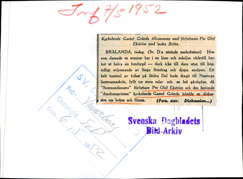 Reverend Gustav GrÃ¤nde with writer Per Olof EkstrÃ¶m and his wife Britta - Vintage Photograph