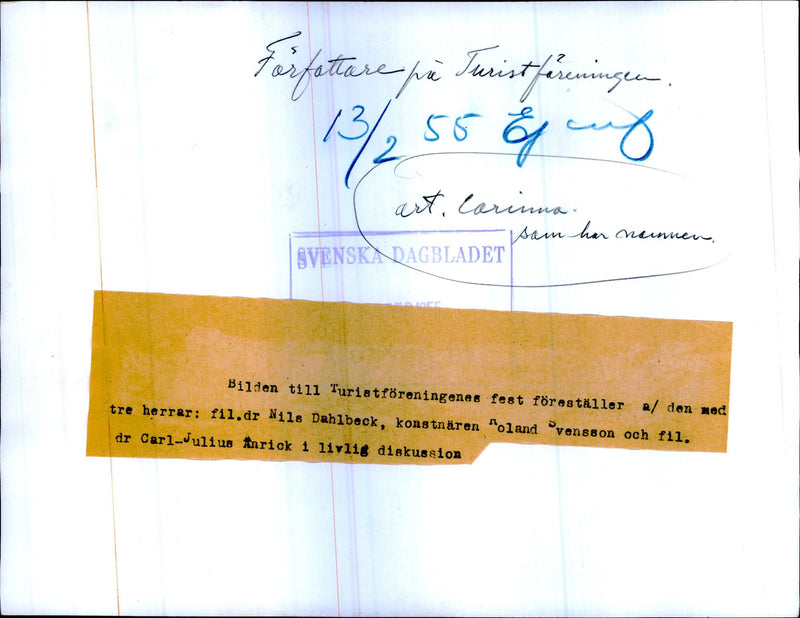 Tourist Association party where among other things, writers participated. From left filr.dr. Dahlbeck, artist Svensson and Ph.D. Anrick attended the party. - Vintage Photograph