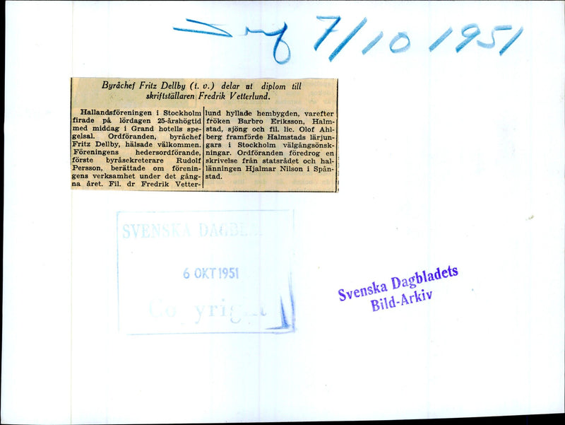 Chief of Bureau Dellby handing out diplomas to writers Vetterlund - Vintage Photograph