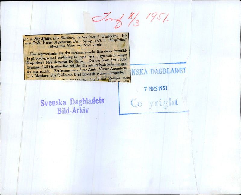 Writers Evening: School Association Simplicitas new elementary girls. From left SjÃ¶din, Blomberg, theater leaders EssÃ©n, AspenstrÃ¶m, Spong, Chairman. Nisser o. ArnÃ©r. - Vintage Photograph