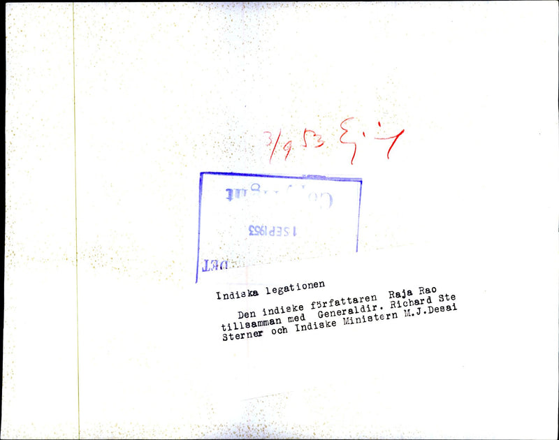 Indian legation. The Indian writer Raja Rao along with Generaldir. Richard Sterner and Indian minister MJ Desai - Vintage Photograph