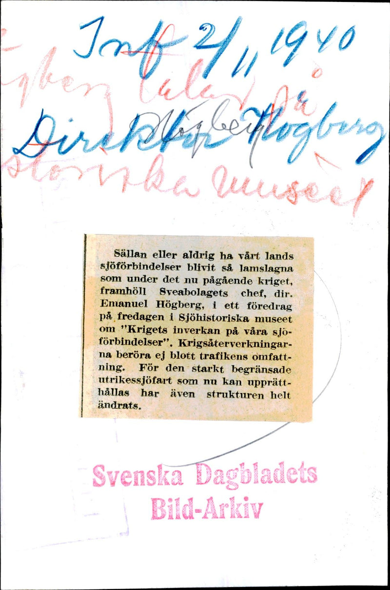 Svea company's boss, dir. Emanuel HÃ¶gberg gives lectures on "War impact on our shipping links" in the Maritime Museum - 2 November 1940 - Vintage Photograph