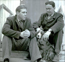 Two men and a dog are sitting on the stairs - Vintage Photograph