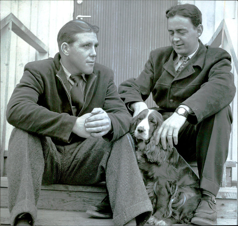 Two men and a dog are sitting on the stairs - Vintage Photograph