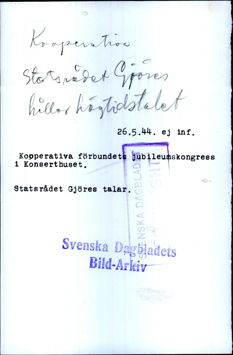 Government GjÃ¶res speaks at the Cooperative Association's anniversary congress in the Concert Hall - 26 May 1944 - Vintage Photograph