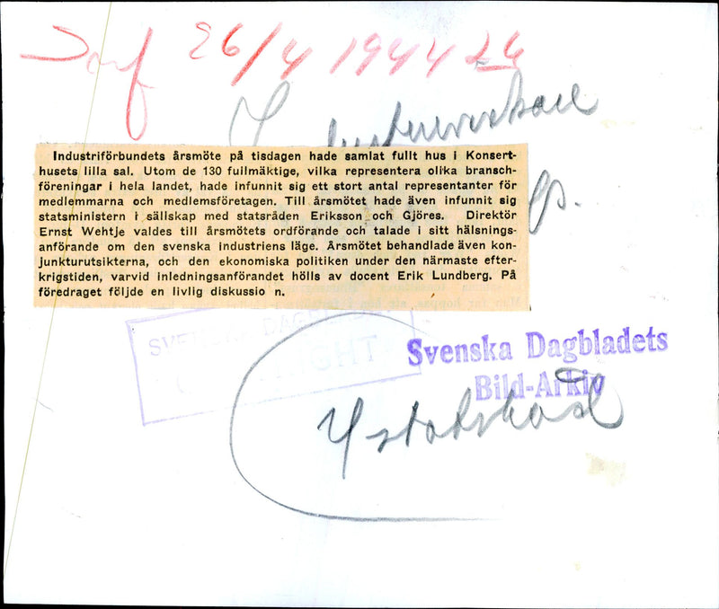 From Industry Association's annual meeting in the Concert Hall small hall - 26 April 1944 - Vintage Photograph