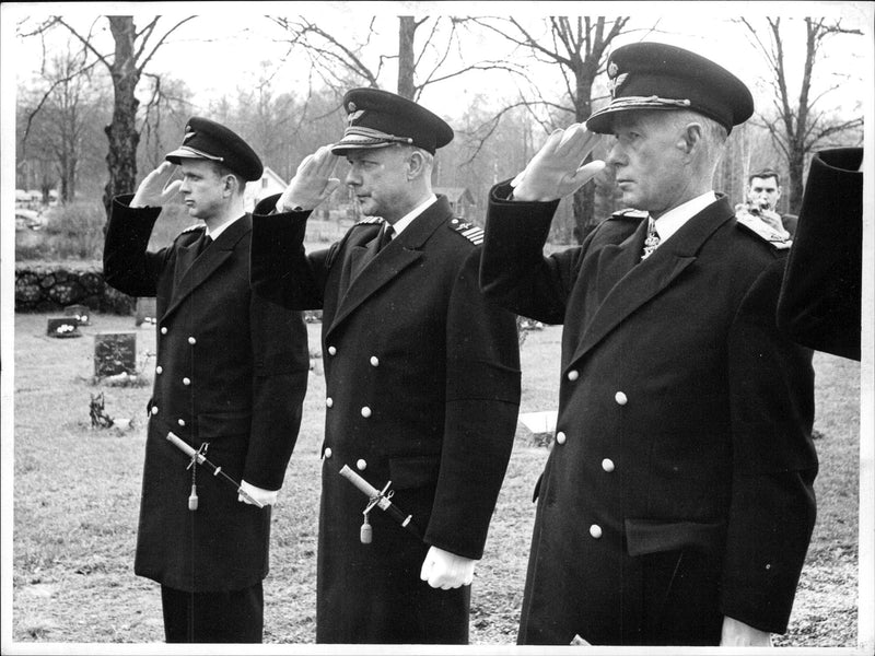 Burial of the seven victims of the air disaster in Kolsva. Aviation officials salute the funeral procession - Vintage Photograph