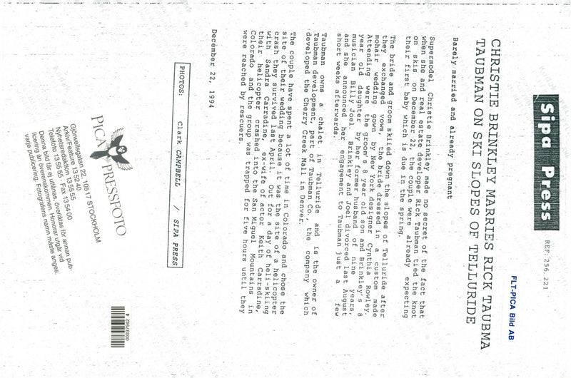 Supermodel Christie Brinkley marries Rick Taubman in Telluride - Vintage Photograph