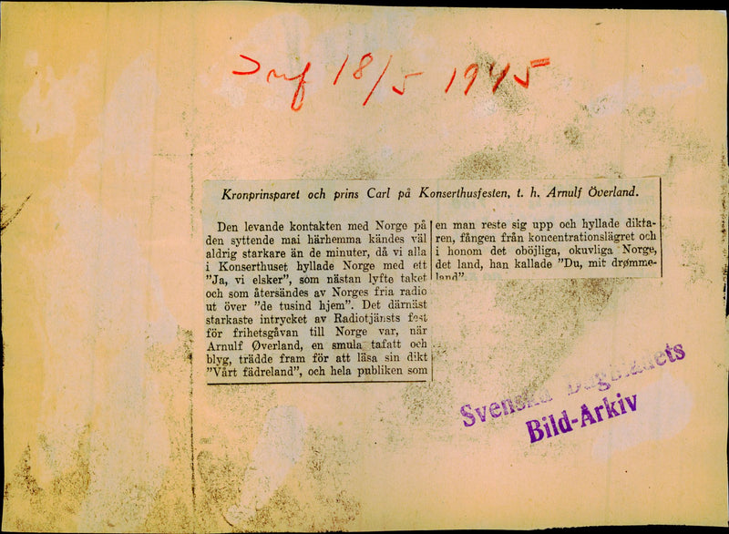 Crown Prince and Prince Carl at the Concert Hall, Arnulf Overland - 18 May 1945 - Vintage Photograph