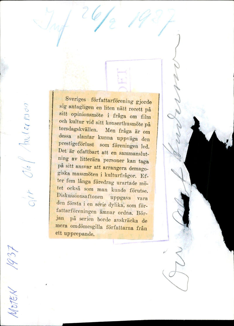 Swedish Writers association has public meeting - 26 February 1937 - Vintage Photograph