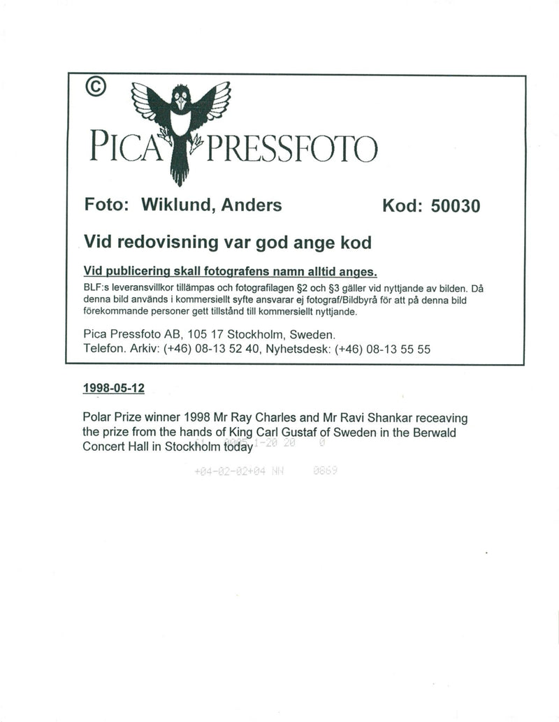 Polar Prize winners Ravi Shankar and Ray Charles at the Polar Music Distribution. - Vintage Photograph