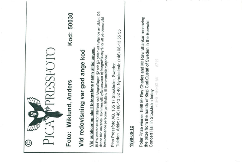 King Carl XVI Gustaf, Ravi Shankar and Ray Charles at the Polar Music Distribution. - Vintage Photograph