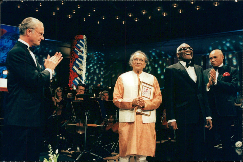 King Carl XVI Gustaf, Ravi Shankar and Ray Charles at the Polar Music Distribution. - Vintage Photograph