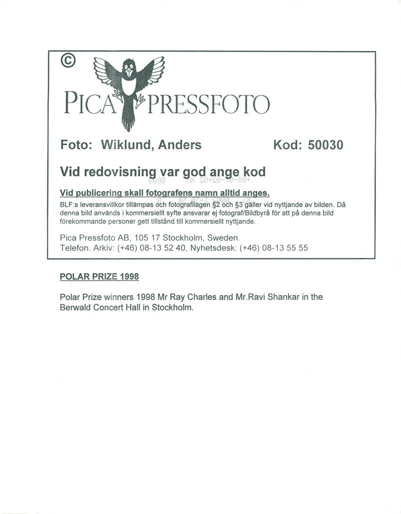 Polar Prize winners Ravi Shankar and Ray Charles at the Polar Music Distribution. - Vintage Photograph