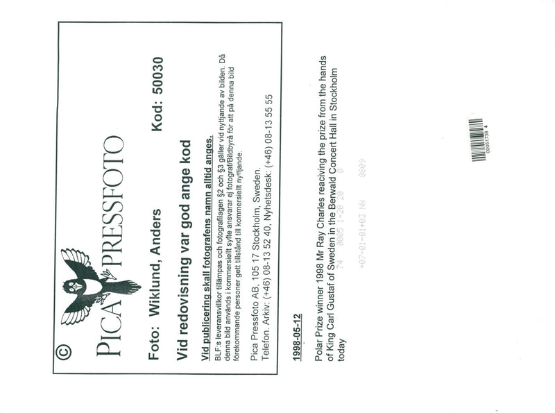 King Carl XVI Gustaf, Ray Charles, Ravi Shankar at the Polar Music Distribution. - Vintage Photograph