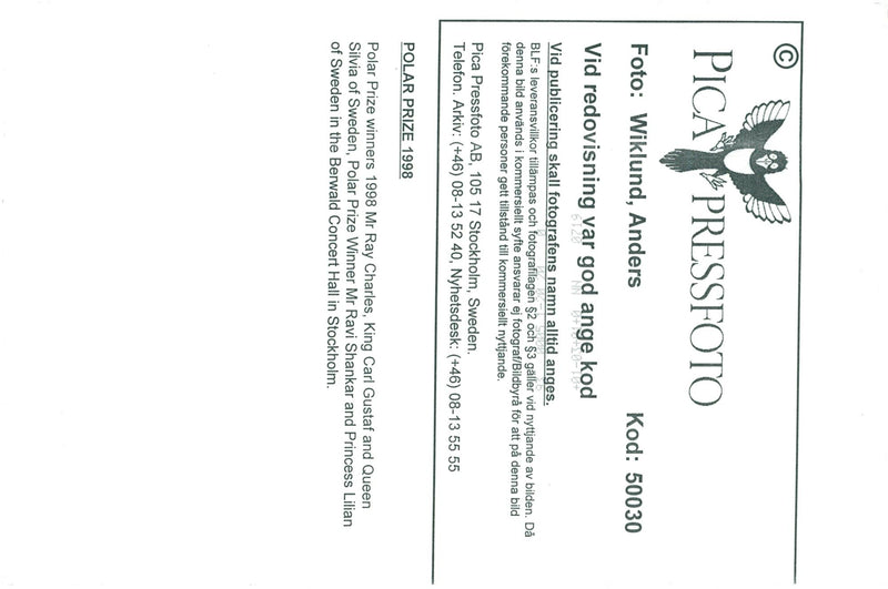 Polar Prize winner Ray Charles, King Carl XVI Gustaf, Queen Silvia, the Polar Music Winner Ravi Shankar and Princess Lilian at the Polar Prize gala. - Vintage Photograph