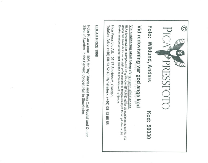 Polar Prize winner Ray Charles, King Carl XVI Gustaf and Queen Silvia at the Polar Music Awards. - Vintage Photograph