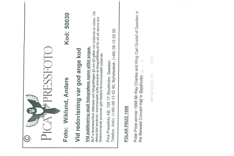 Polar Prize winner Ray Charles with King Carl XVI Gustaf at the Polar Music Awards. - Vintage Photograph