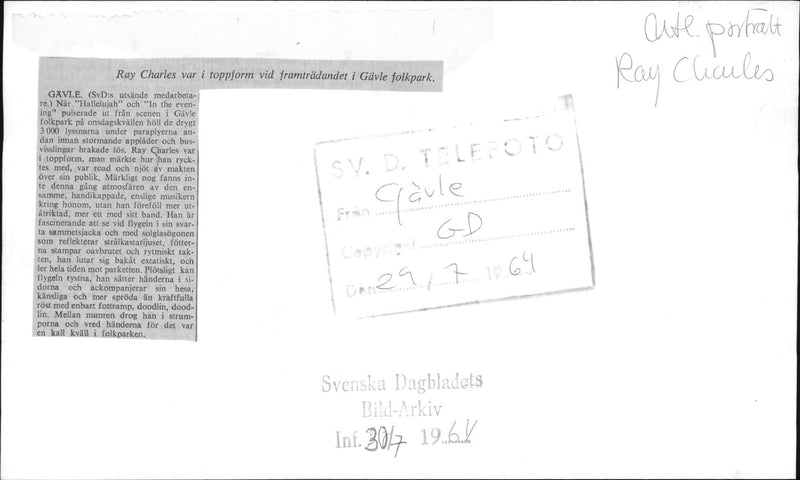 Ray Charles appears in Gavle People's Park. - Vintage Photograph