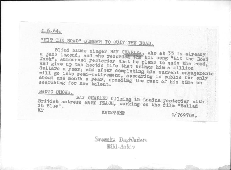 British actress Mary Peach and jazz musician Ray Charles in the filming of the movie "Ballad in Blue". - Vintage Photograph