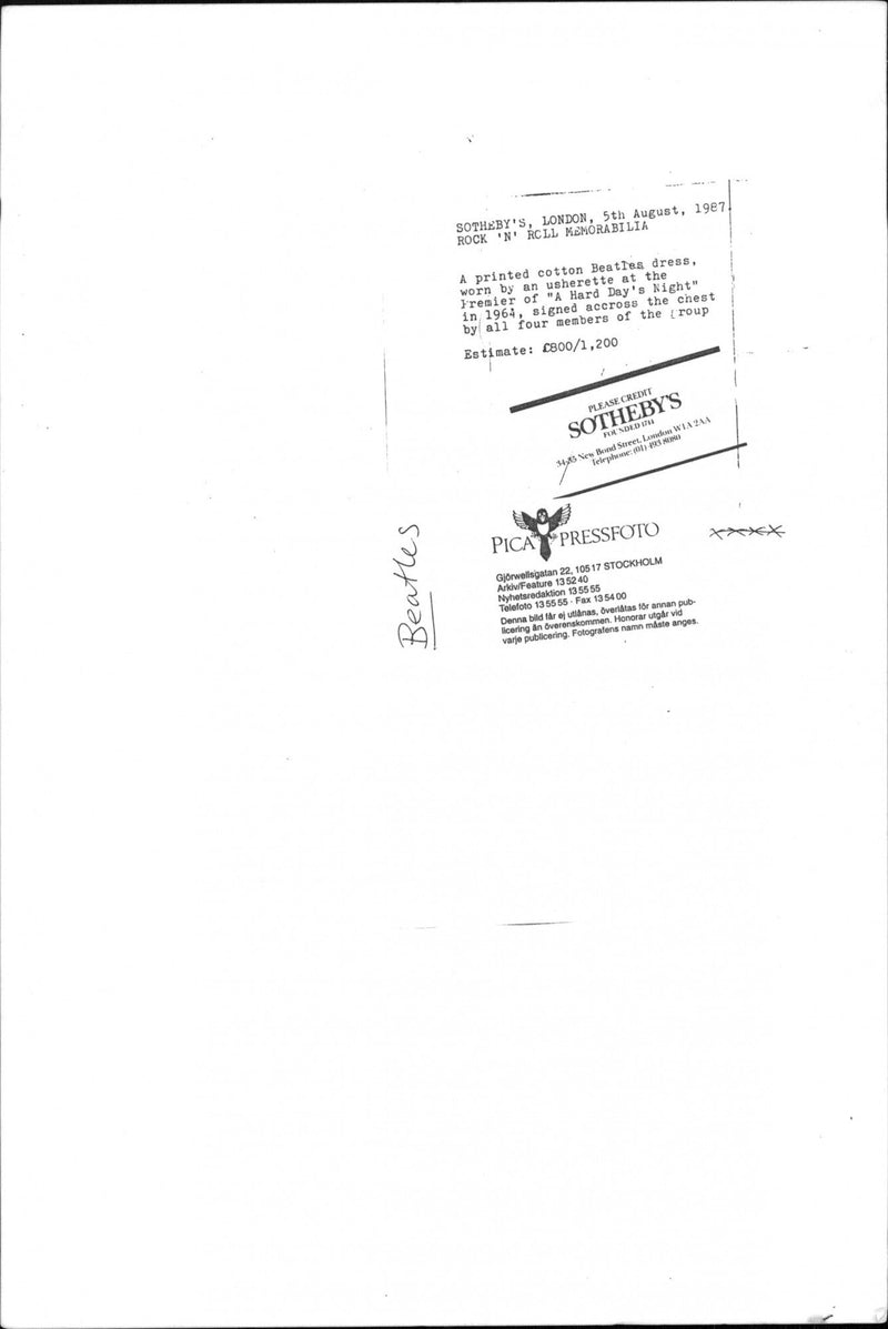 Beatles dress with members' signatures was carried at the premiere of "A Hard Day's Night" - Vintage Photograph