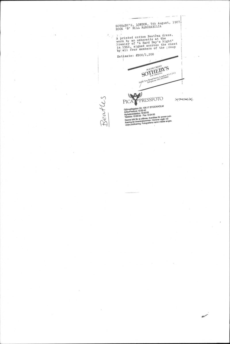 Beatles dress with members' signatures was carried at the premiere of "A Hard Day's Night" - Vintage Photograph