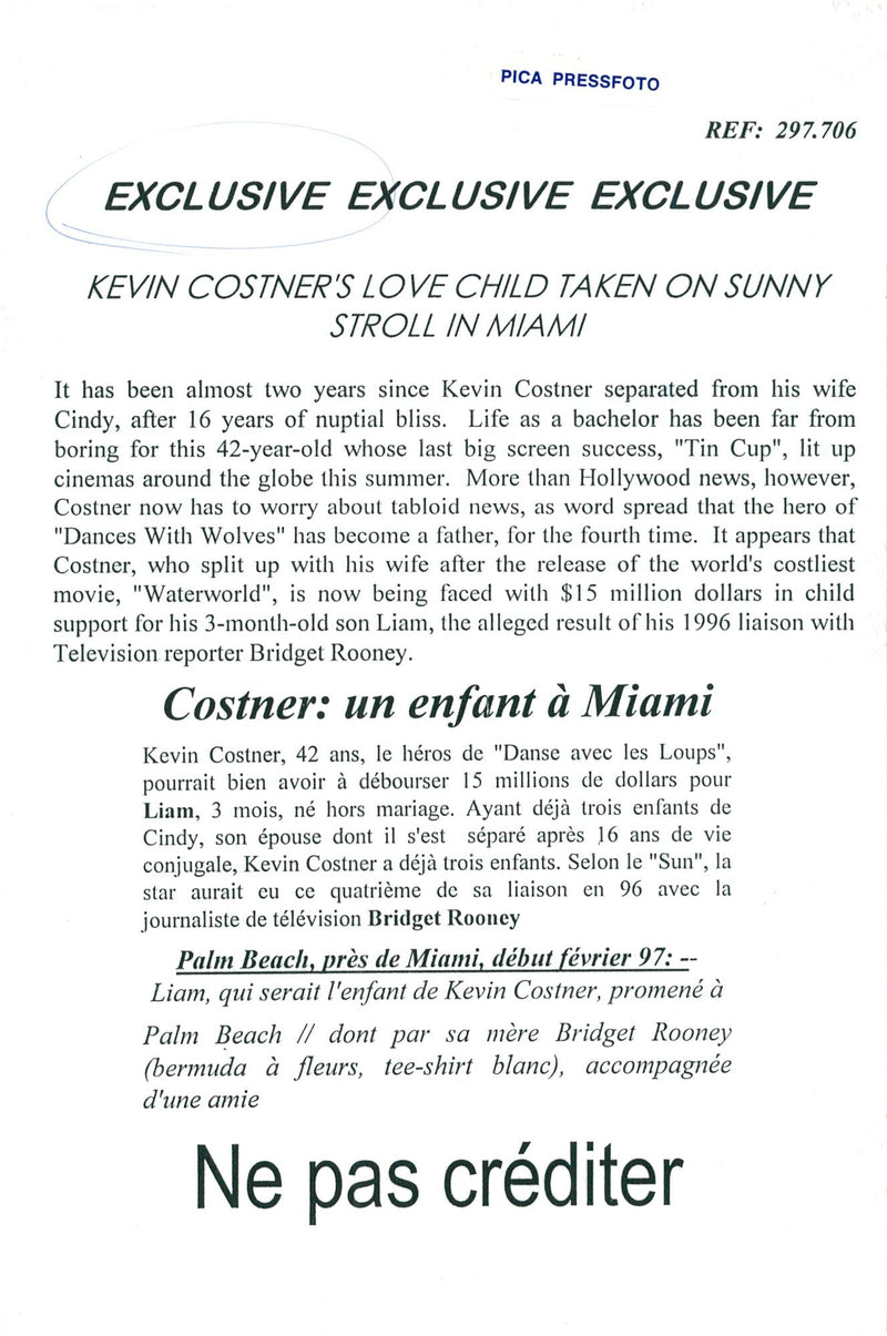 Kevin Costner's love child with Bridget Rooney in a stroller during a sunny stroll in Miami - Vintage Photograph