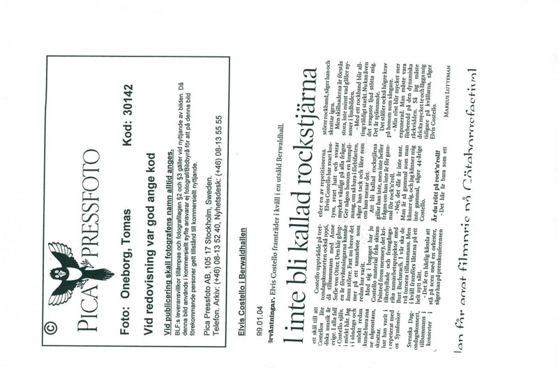 Elvis Costello appears in the Berwald Hall - Vintage Photograph