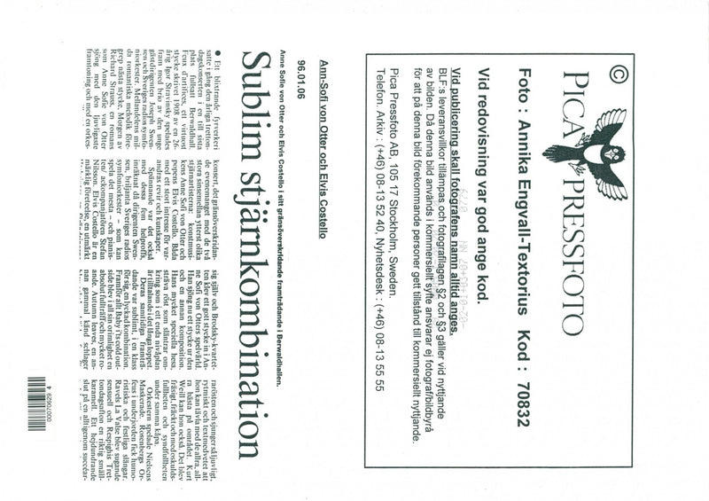 Ann-Sofi von Otter and Elvis Costello appears in the Berwald Hall - Vintage Photograph