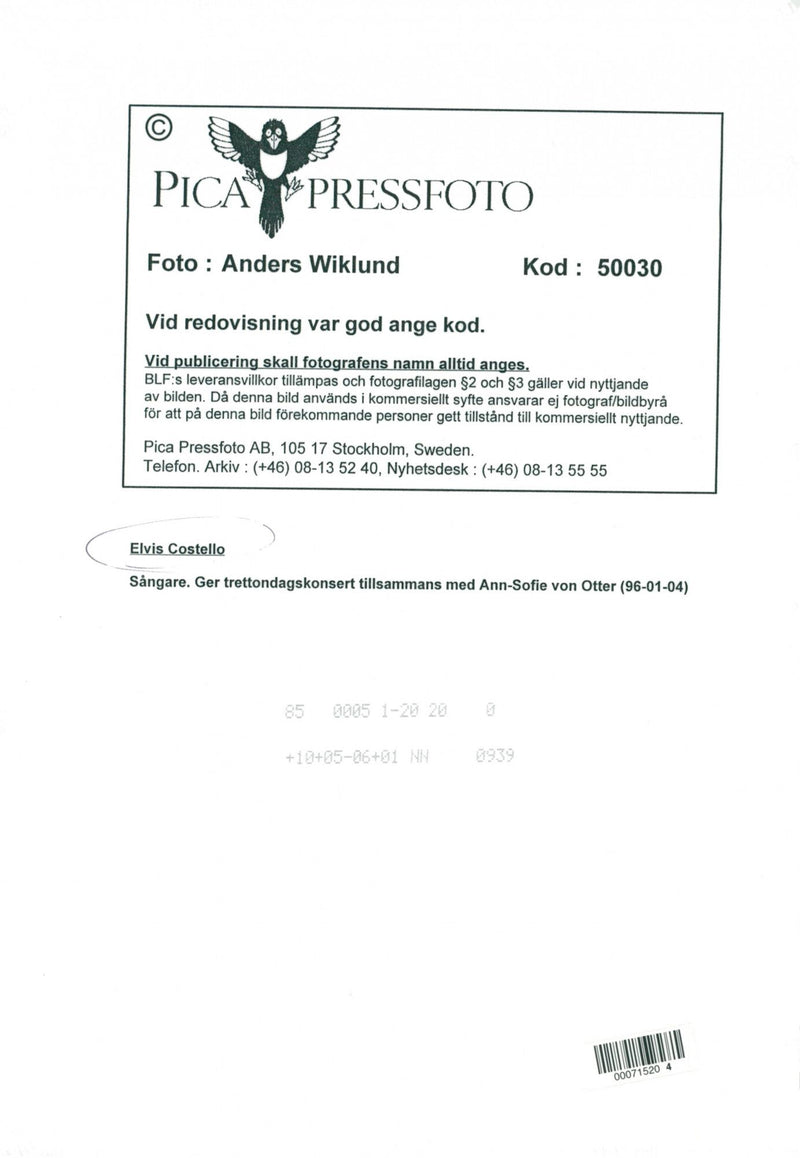 Elvis Costello offers Epiphany concert with Ann-Sofie von Otter in the Berwald Hall - Vintage Photograph