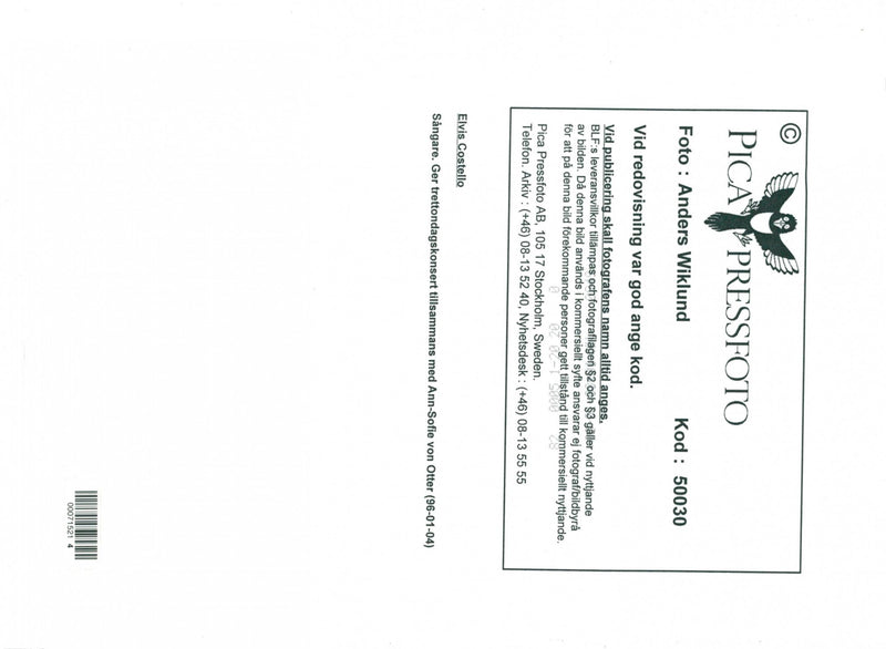 Elvis Costello offers Epiphany concert with Ann-Sofie von Otter in the Berwald Hall - Vintage Photograph