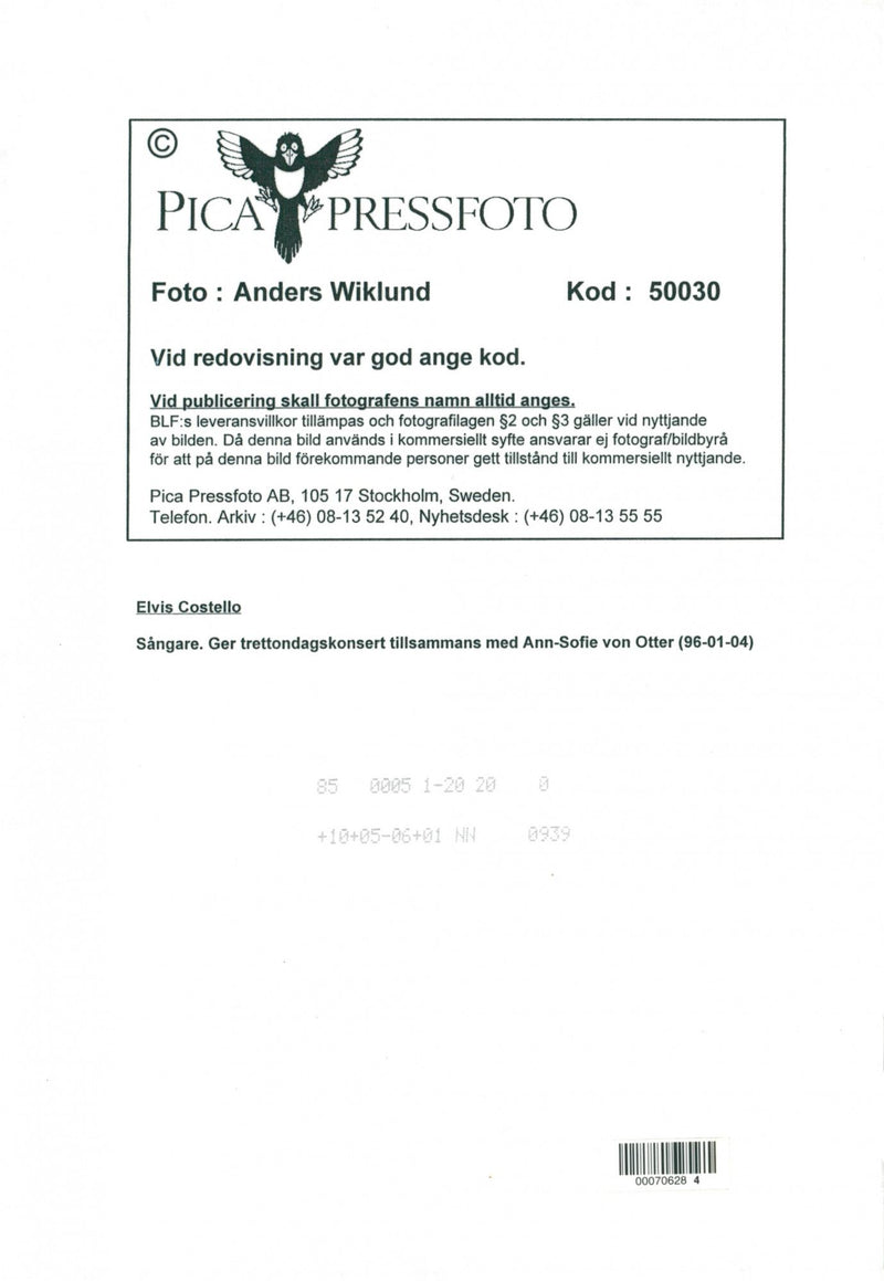 Elvis Costello offers Epiphany concert with Ann-Sofie von Otter in the Berwald Hall - Vintage Photograph