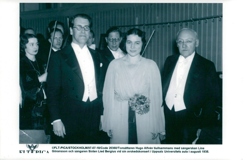 The composer Hugo AlfvÃ©n along with singer Lina GÃ¶ransson and singer Sixten Lied Bergius at his farewell concert - 1 August 1938 - Vintage Photograph