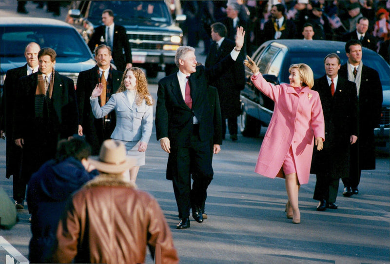 Bill Clinton and his wife Hillary and 16-year-old daughter Chelsea - Vintage Photograph