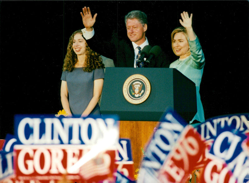 Bill Clinton along with his wife and daughter at the National Convention - Vintage Photograph