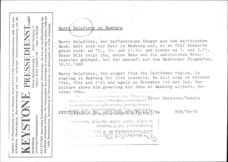 Harry Belafonte offer five concerts in Hamburg - Vintage Photograph