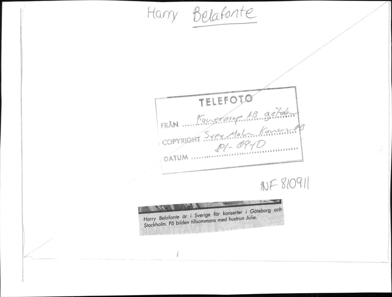 Harry Belafonte and his wife Julie are in Gothenburg concert - Vintage Photograph