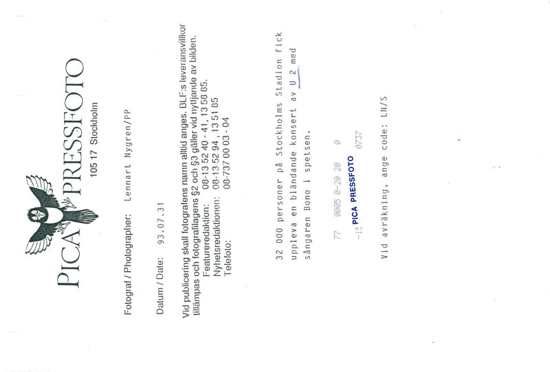 U2 with Bono as the principal singers at Stockholm Stadium - Vintage Photograph