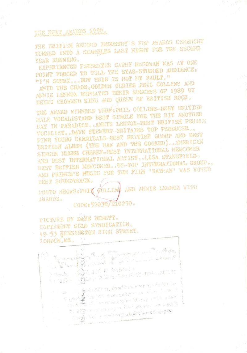 Phil Collins and Annie Lennox won both awards at &quot;The Brit Awards&quot;. - Vintage Photograph