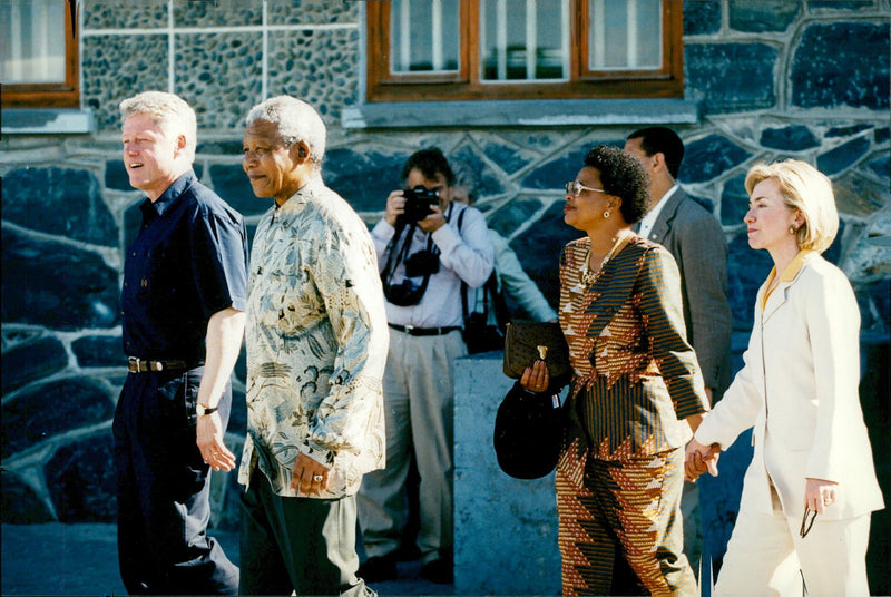 Bill and Hillary Clinton along with Nelson Mandela and Graca Machel, at Robben Island Prison - Vintage Photograph