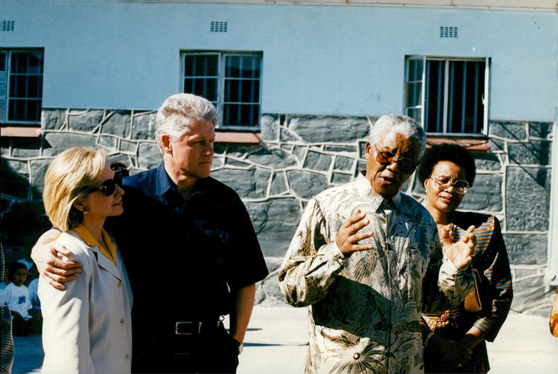 Bill and Hillary Clinton along with Nelson Mandela and Graca Machel, at Robben Island Prison - Vintage Photograph