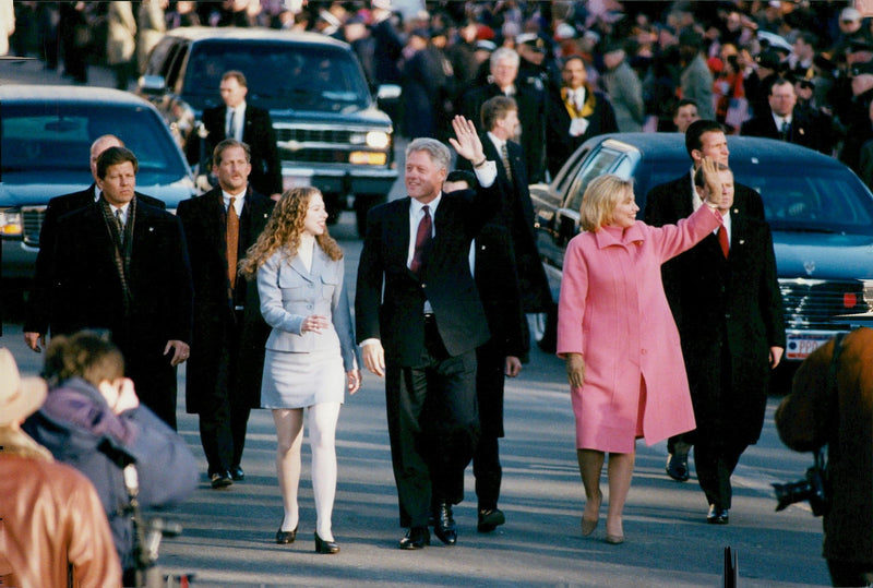 Bill Clinton's wife Hillary and daughter Chelsea at Bill's first day as president - Vintage Photograph