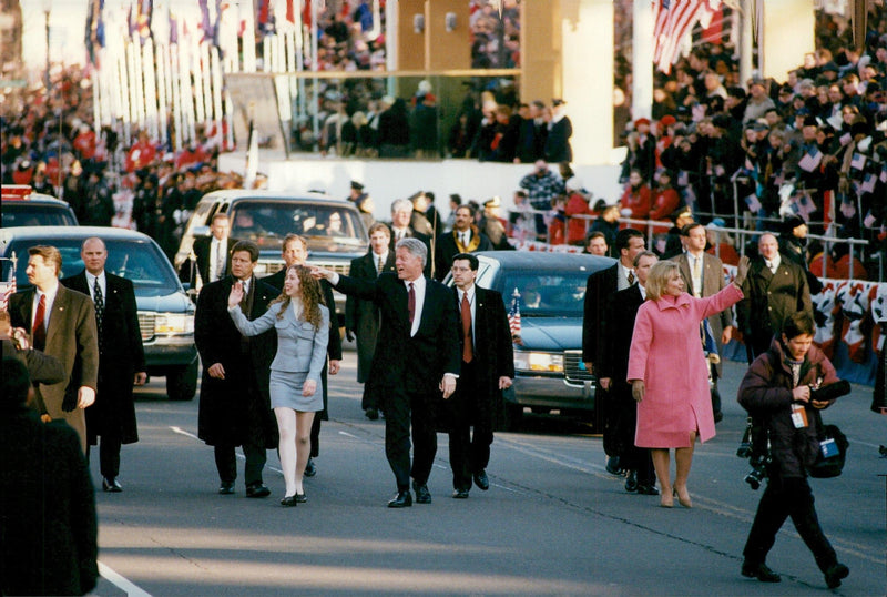 Bill Clinton's wife Hillary and daughter Chelsea at Bill's first day as president - Vintage Photograph