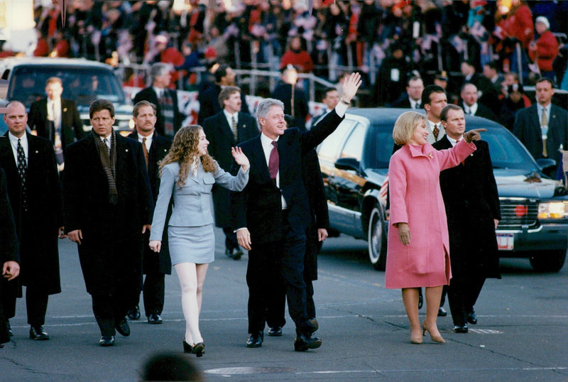 Bill Clinton's wife Hillary and daughter Chelsea at Bill's first day as president - Vintage Photograph