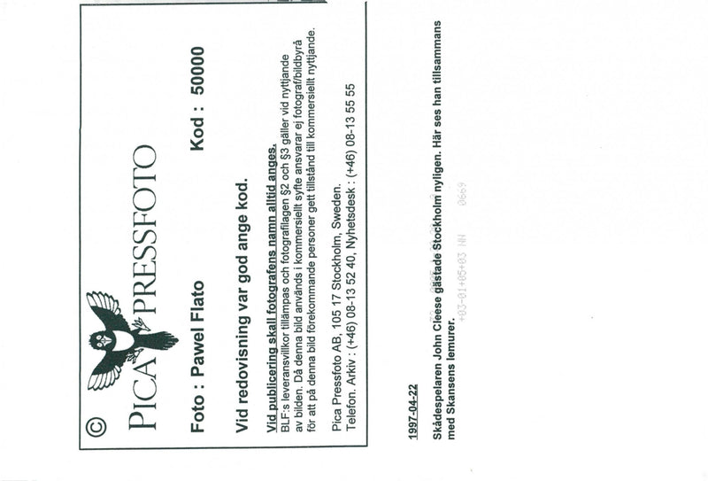 Actor John Cleese visited Stockholm recently. Here he is seen together with Skansen's lemurs - Vintage Photograph