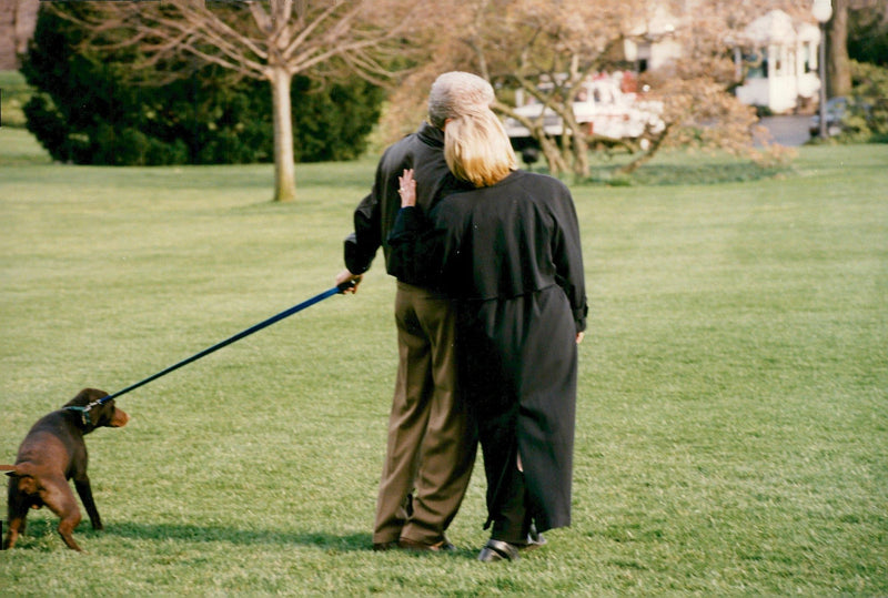 Bill and Hillary Clinton walking the family dog - Vintage Photograph